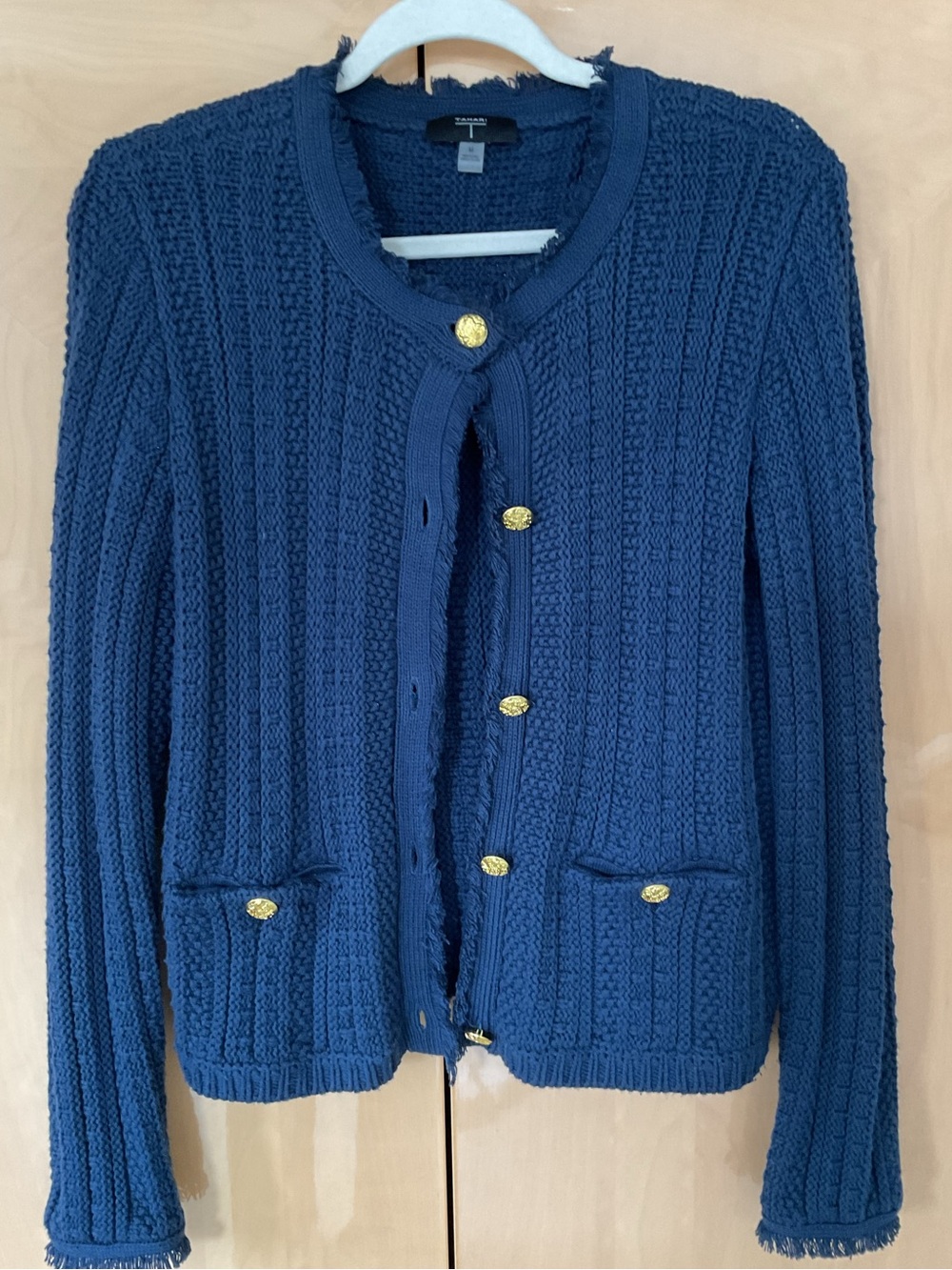 T Tahari Fringe Cable Knit Cardigan with Gold Buttons